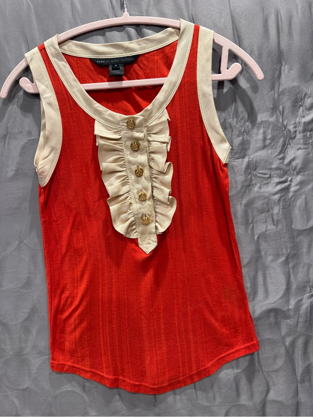 Marc by Marc Jacobs Red Tank Top with Cream Ruffle Placket